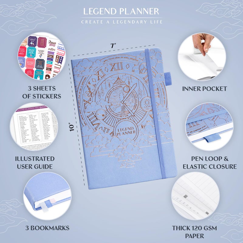 Legend Planner PRO â€“ Deluxe Weekly & Monthly Life Planner to Increase Productivity and Hit Your Goals. Time Management Organizer Notebook â€“ Undated â€“ 7 x 10" Hardcover + Stickers â€“ Periwinkle - Image 2